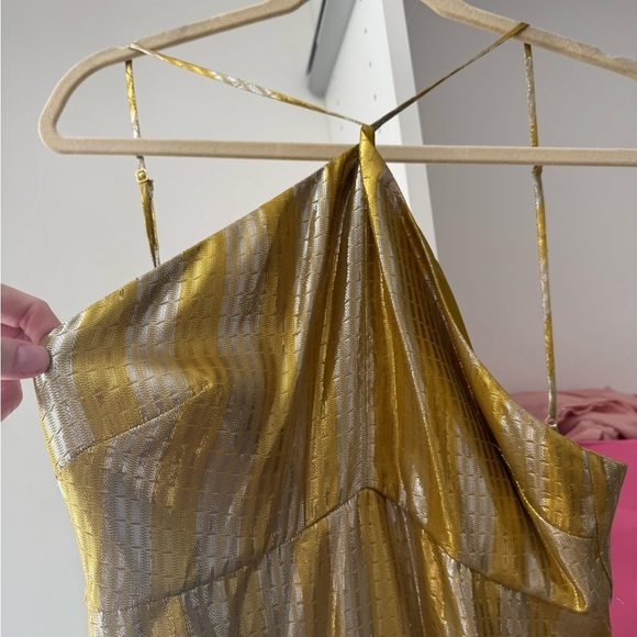 Ramy Brook- NWT Gold Stripe Metallic Cross Front Sleeveless Maxi Cocktail Dress - Picture 4 of 6